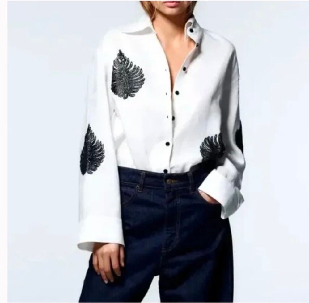 Zara Beaded Linen Button-Down Shirt. 100% linen. Size XL.